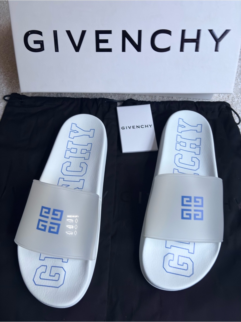 Givenchy White Slides with Light Blue Logo size43-10us new